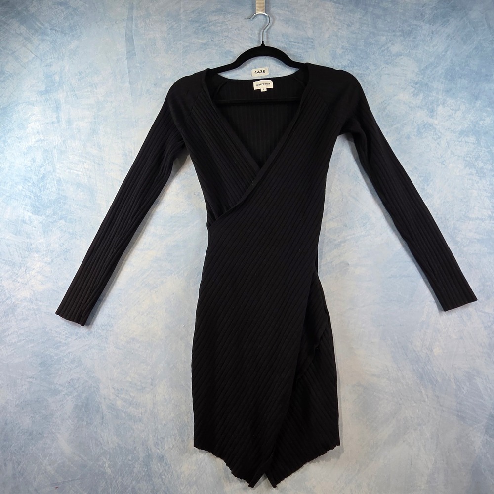 Superdown Black Ribbed Knit Wrap V-Neck Long Sleeve Tulip Hem Mini Dress Small